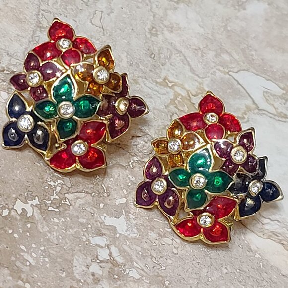 Vintage Enamel and Rhinestone Flower Cluster Earrings Large Clip ons - Picture 2 of 4